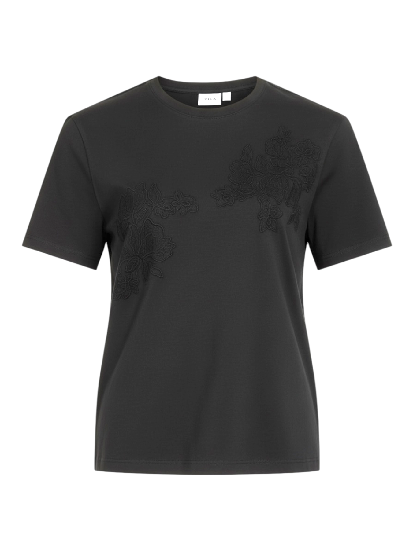 camiseta basica negra con encaje en la vista frontal de alta calidad vila