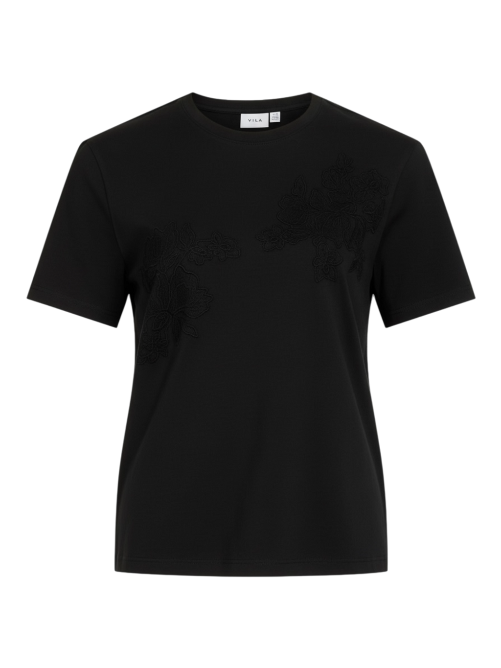 camiseta basica negra con encaje en la vista frontal de alta calidad vila