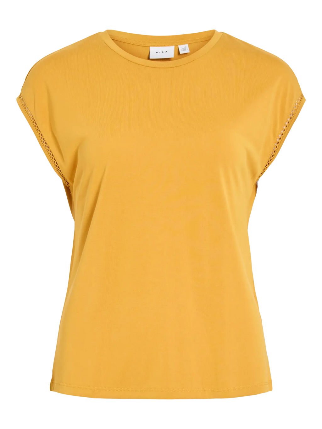 Camiseta amarillo mostaza Vila de manga caída y cuello redondo en tejido fluido, con detalle calado en el borde de la manga que aporta un acabado delicado y femenino. Ajuste recto y caída ligera.