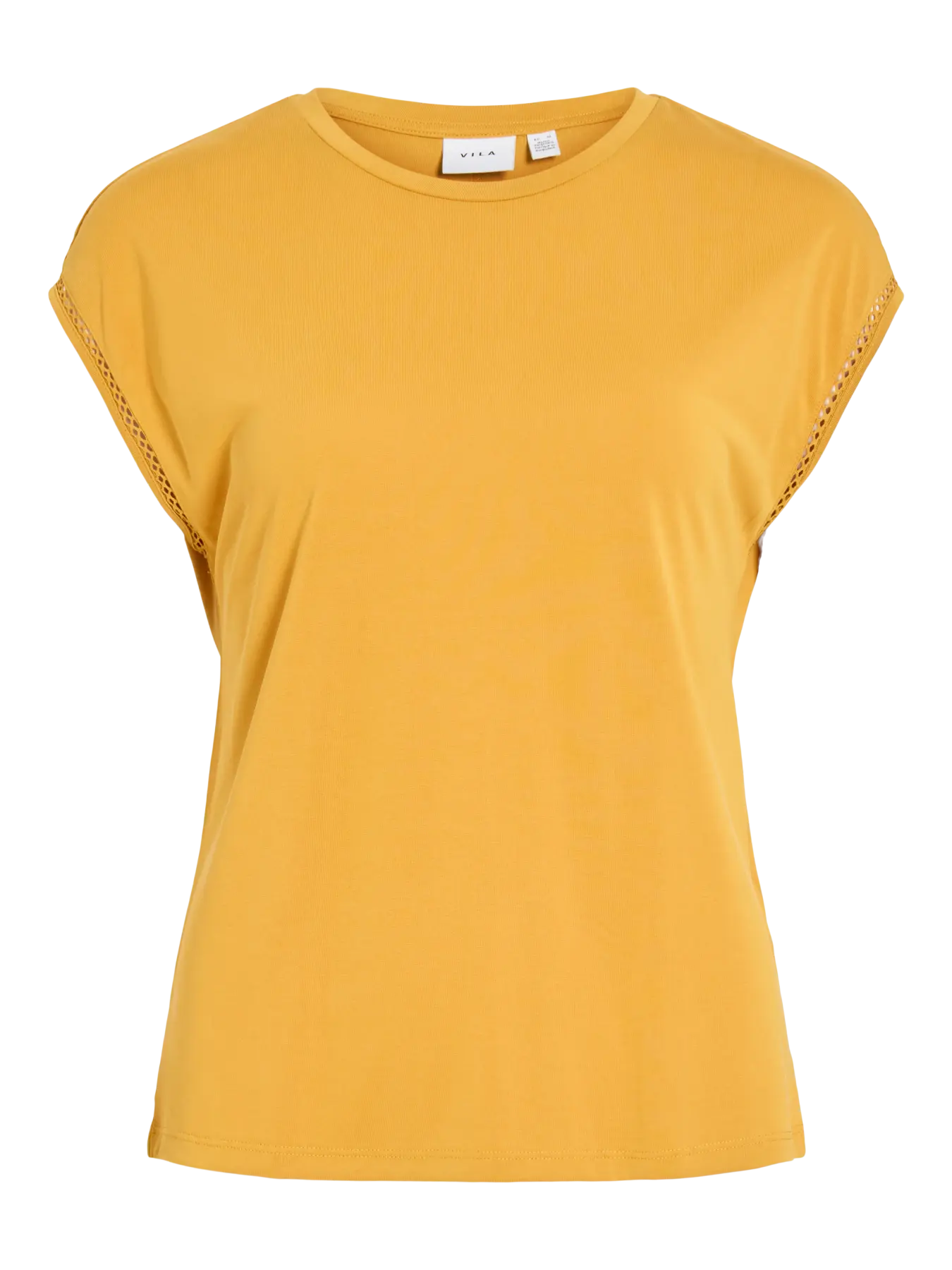 Camiseta amarillo mostaza Vila de manga caída y cuello redondo en tejido fluido, con detalle calado en el borde de la manga que aporta un acabado delicado y femenino. Ajuste recto y caída ligera.