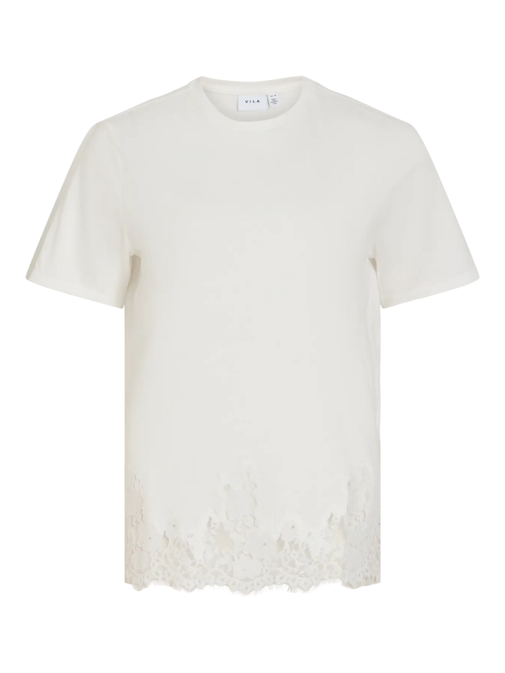 Camiseta blanca de manga corta para mujer con cuello redondo, corte recto y detalle de encaje floral blanco en el bajo