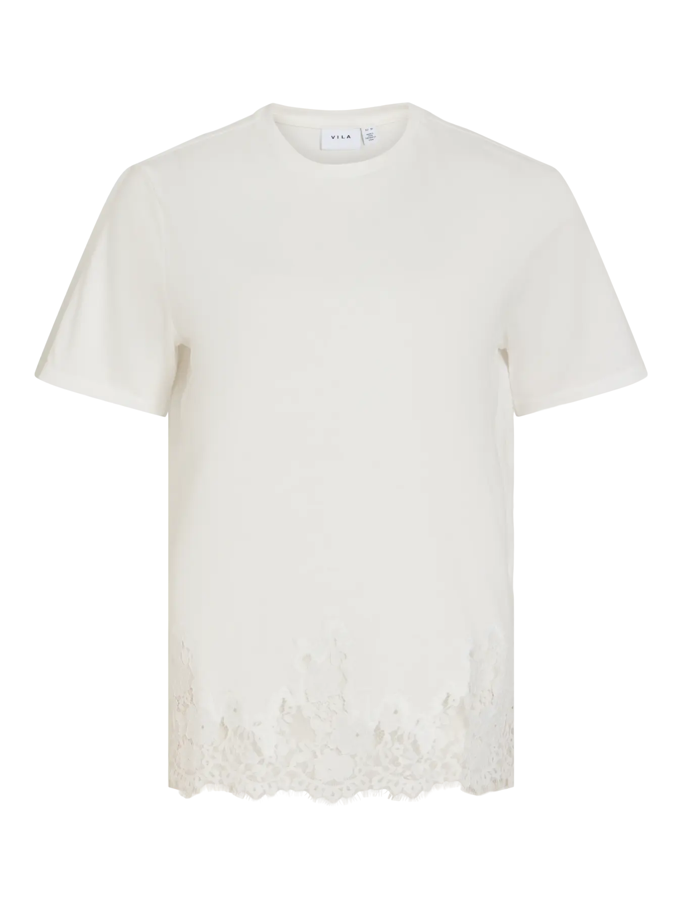 Camiseta blanca de manga corta para mujer con cuello redondo, corte recto y detalle de encaje floral blanco en el bajo