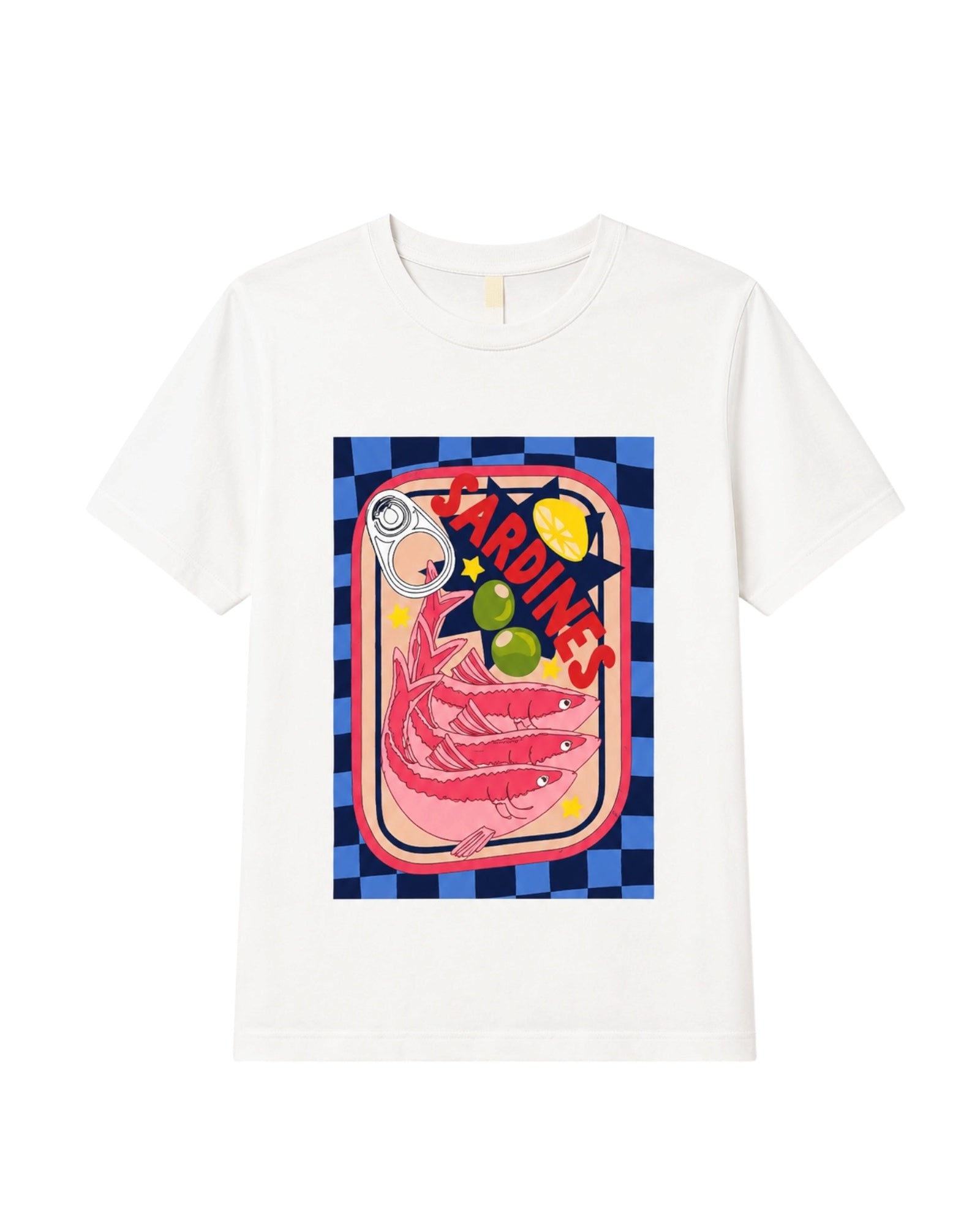 Camiseta Marée blanca con ilustración de sardinas. rosa y azul
