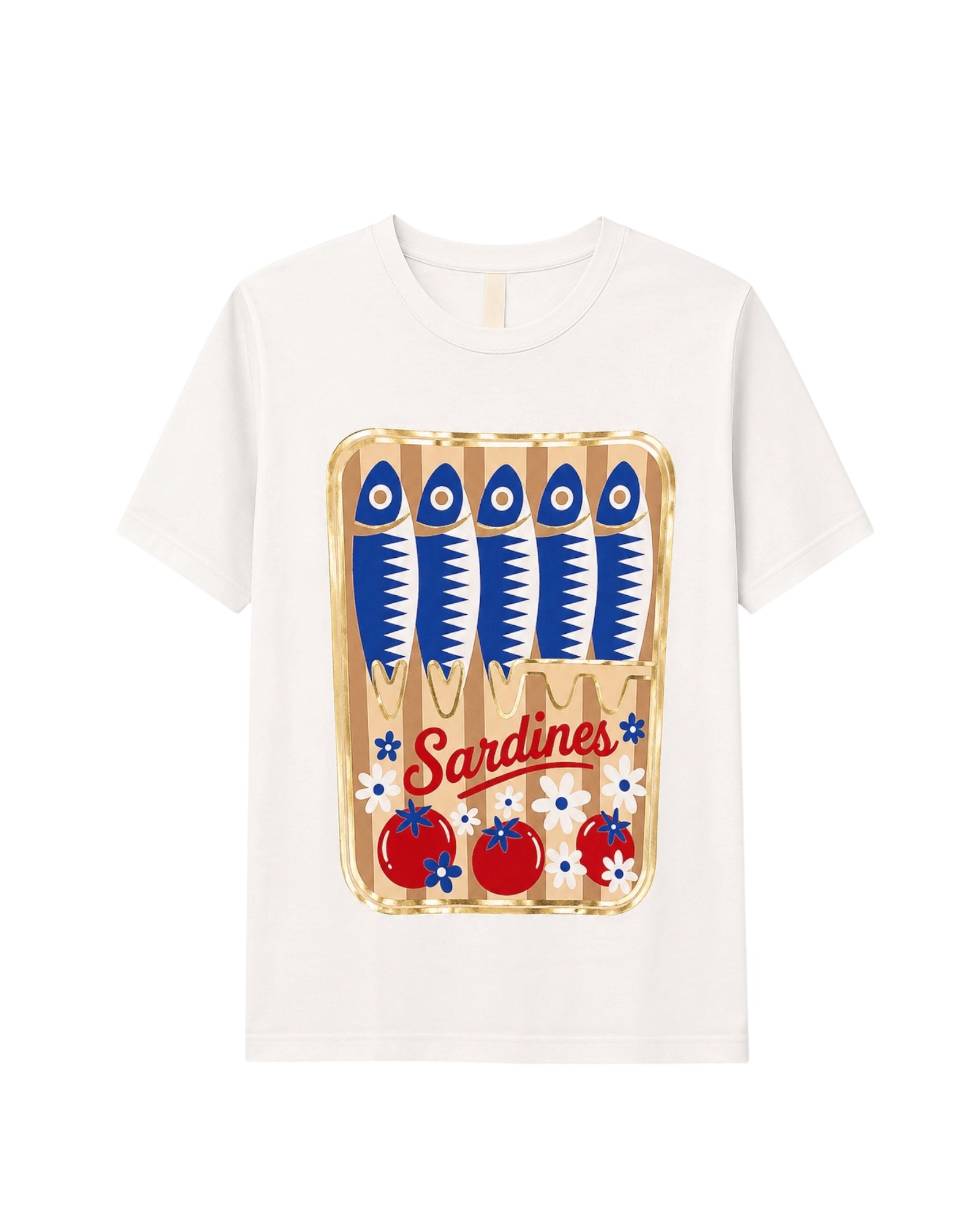 Camiseta Marée blanca con ilustración de sardinas. fondo beige