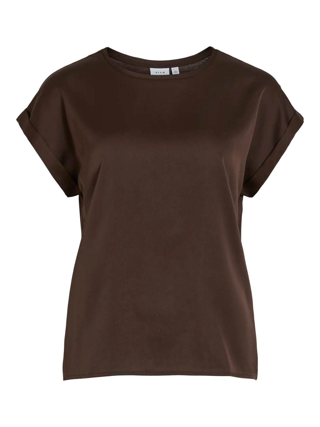 foto de producto modelo Camiseta ViEllette VILA satinada marron chocolate de manga corta y corte fluido dobladillo en manga