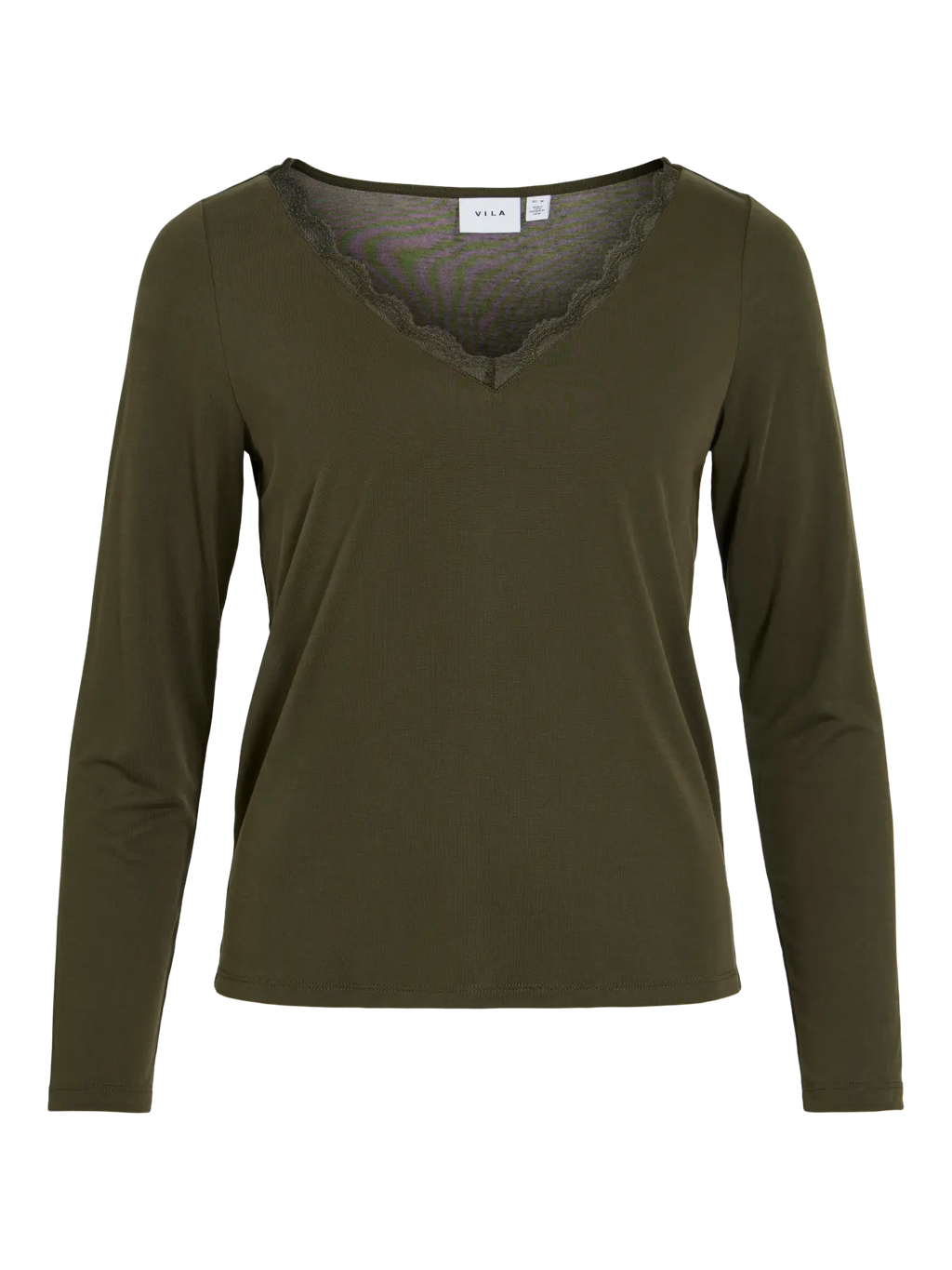 Camiseta verde kaki de mujer de manga larga con escote pico y encaje
