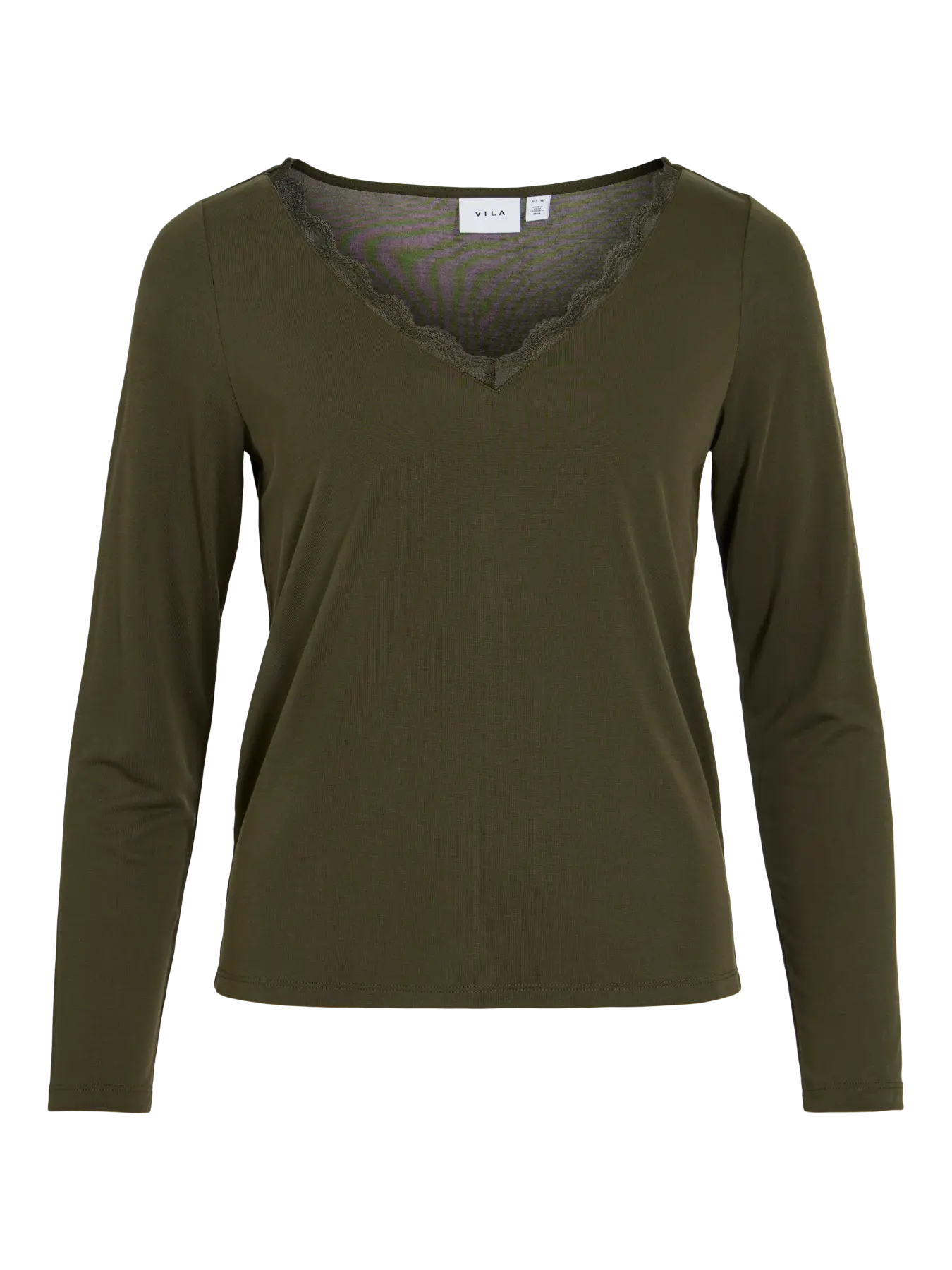 Camiseta verde kaki de mujer de manga larga con escote pico y encaje