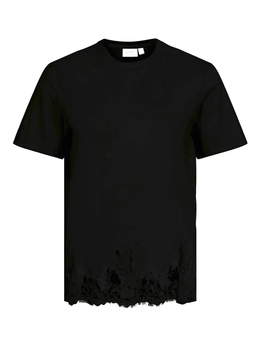 Camiseta negra de manga corta para mujer con cuello redondo y detalle de encaje floral semitransparente en el bajo