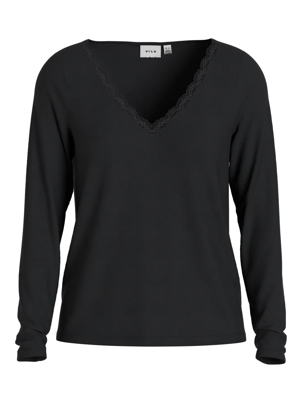 Camiseta negra de mujer de manga larga con escote pico y encaje