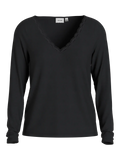 Camiseta negra de mujer de manga larga con escote pico y encaje