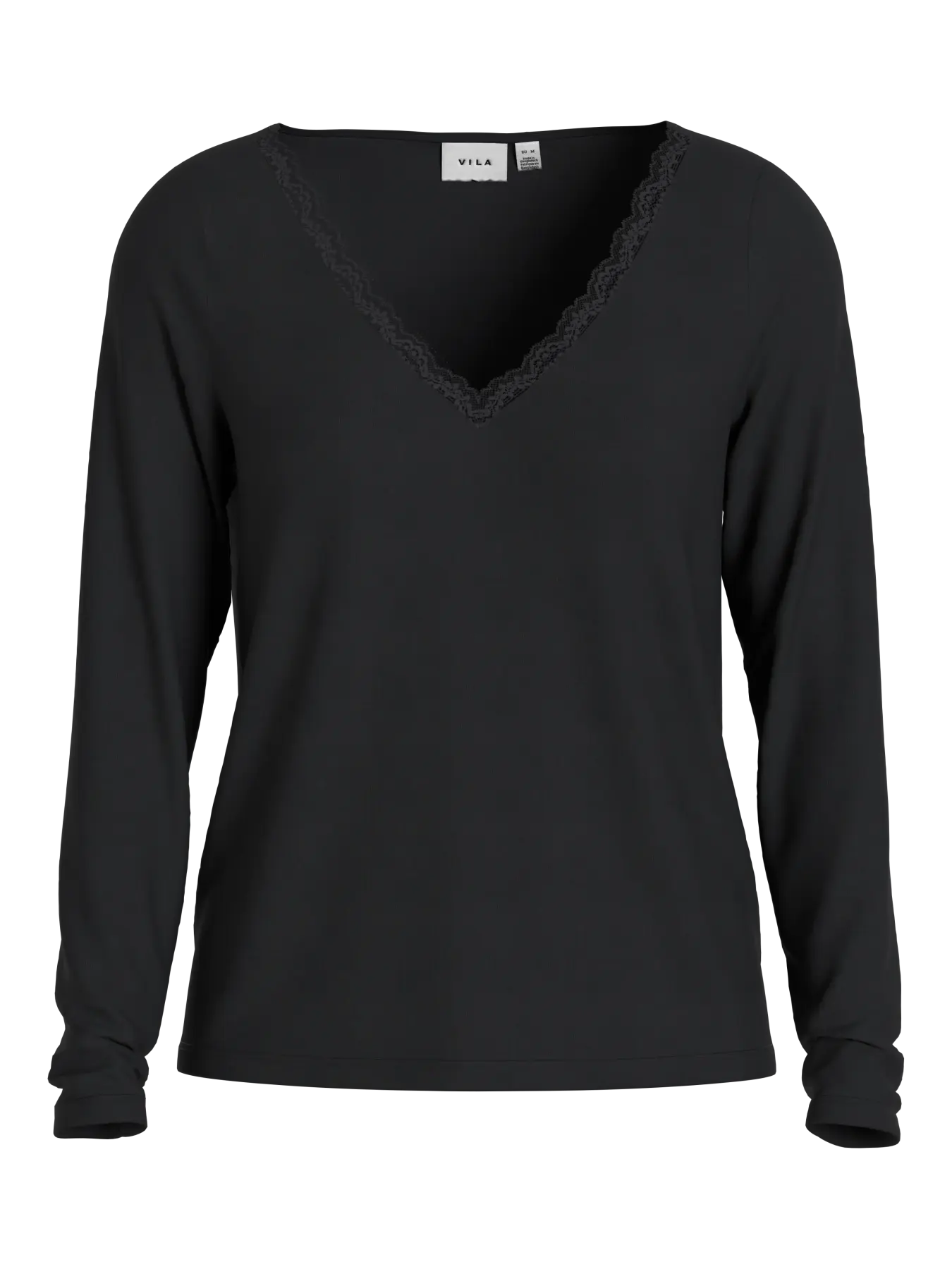 Camiseta negra de mujer de manga larga con escote pico y encaje