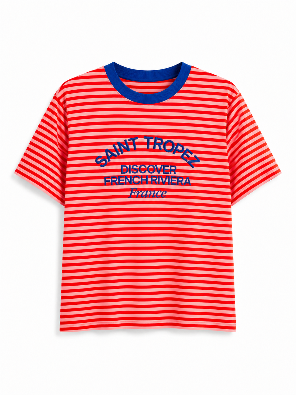 Camiseta Saint-Tropez de rayas coral con bordado azul y cuello azul marino.