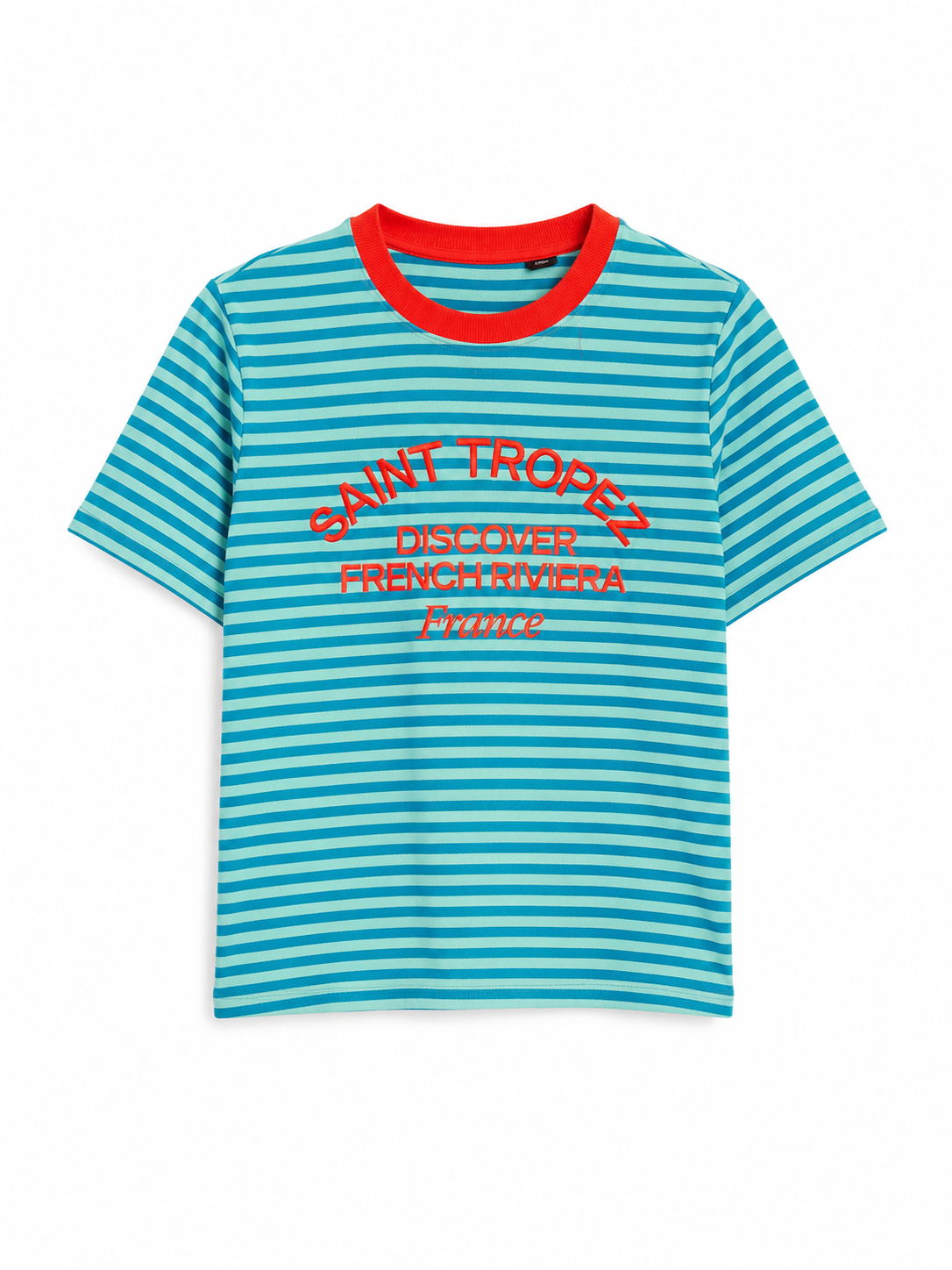 Camiseta Saint-Tropez de rayas turquesa con bordado coral y cuello rojo.