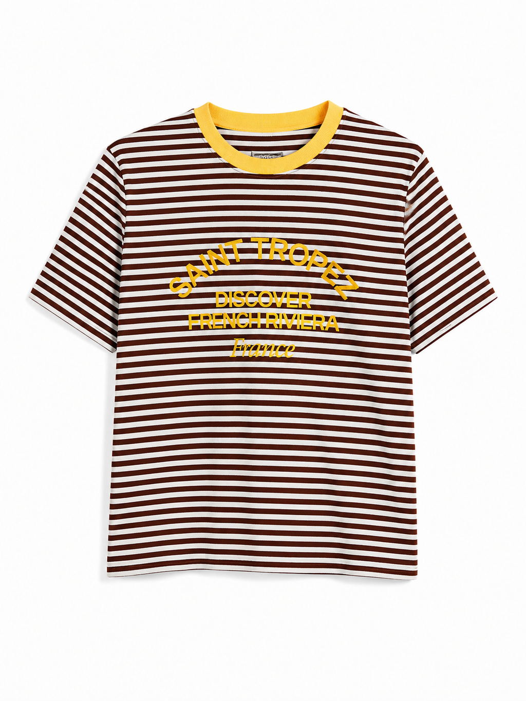 Camiseta Saint-Tropez de rayas marrones con bordado frontal y cuello amarillo.