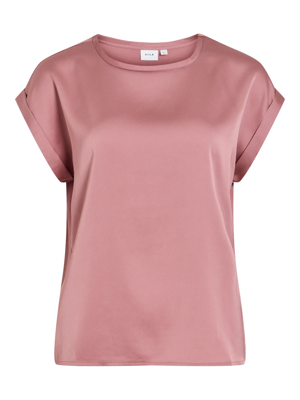 foto de producto modelo Camiseta ViEllette VILA satinada rosa de manga corta y corte fluido dobladillo en manga