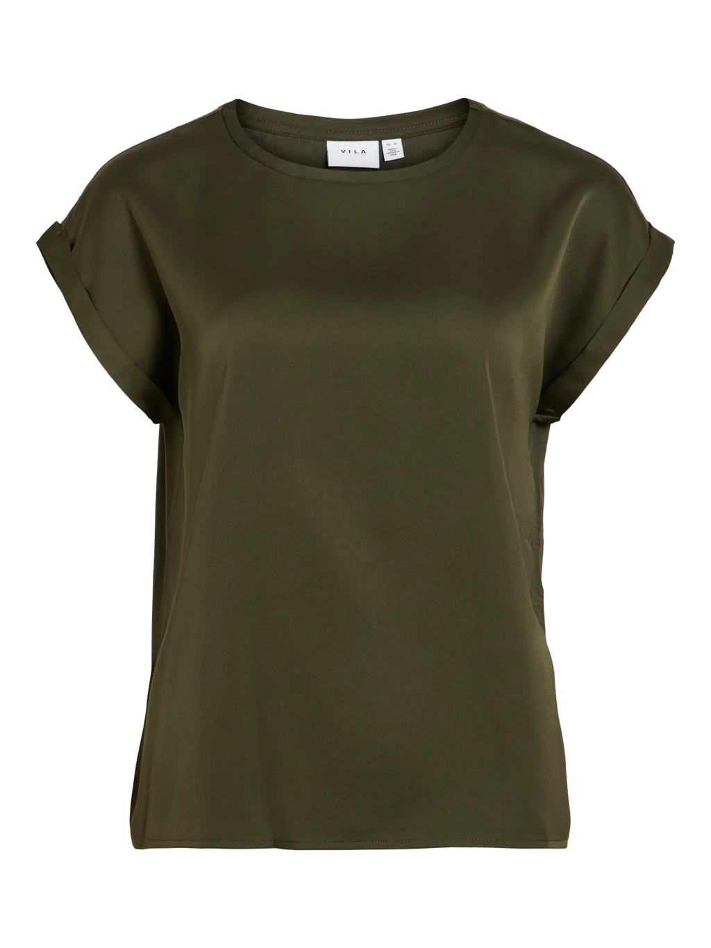 foto de producto modelo Camiseta ViEllette VILA satinada verde kaki de manga corta y corte fluido dobladillo en manga