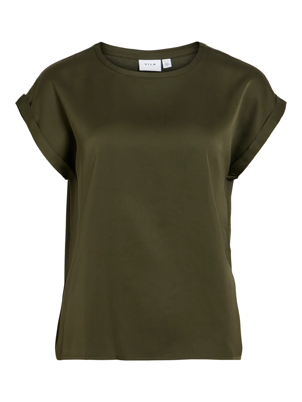 foto de producto modelo Camiseta ViEllette VILA satinada verde kaki de manga corta y corte fluido dobladillo en manga
