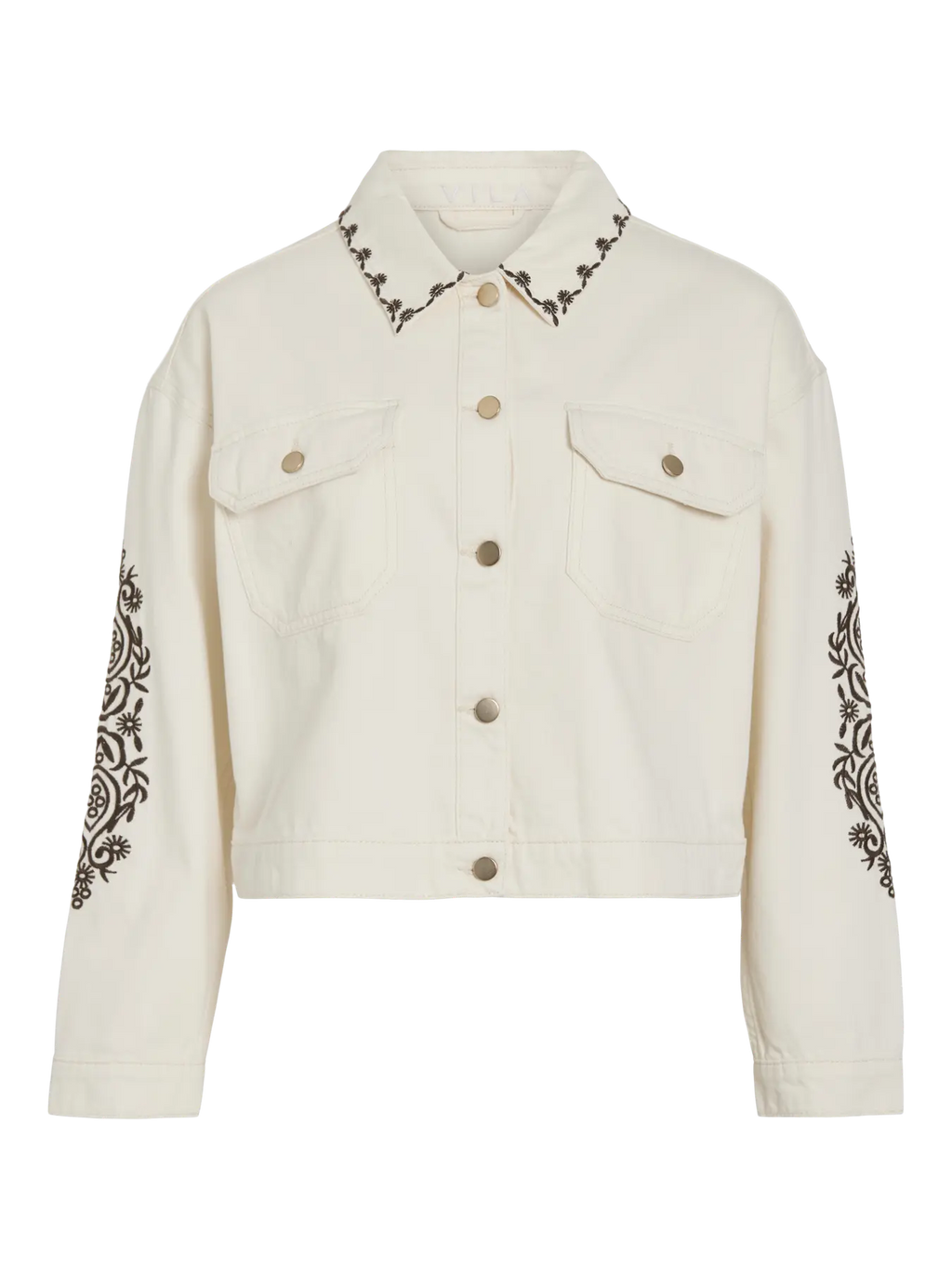 Cazadora vaquera beige con bordados florales en manga y cuello de vila en cotton grey