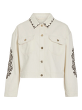 Cazadora vaquera beige con bordados florales en manga y cuello de vila en cotton grey