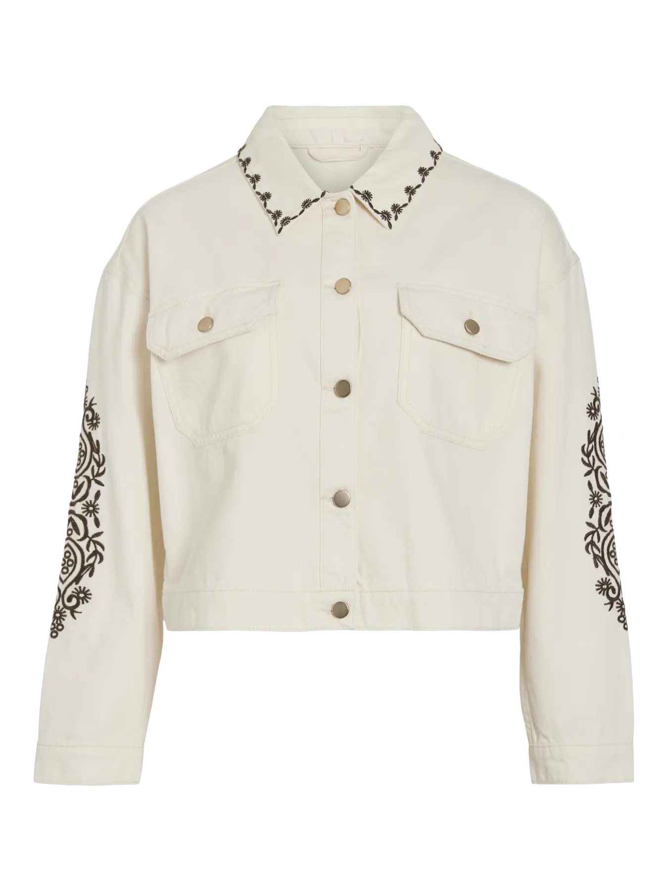 Cazadora vaquera beige con bordados florales en manga y cuello de vila en cotton grey