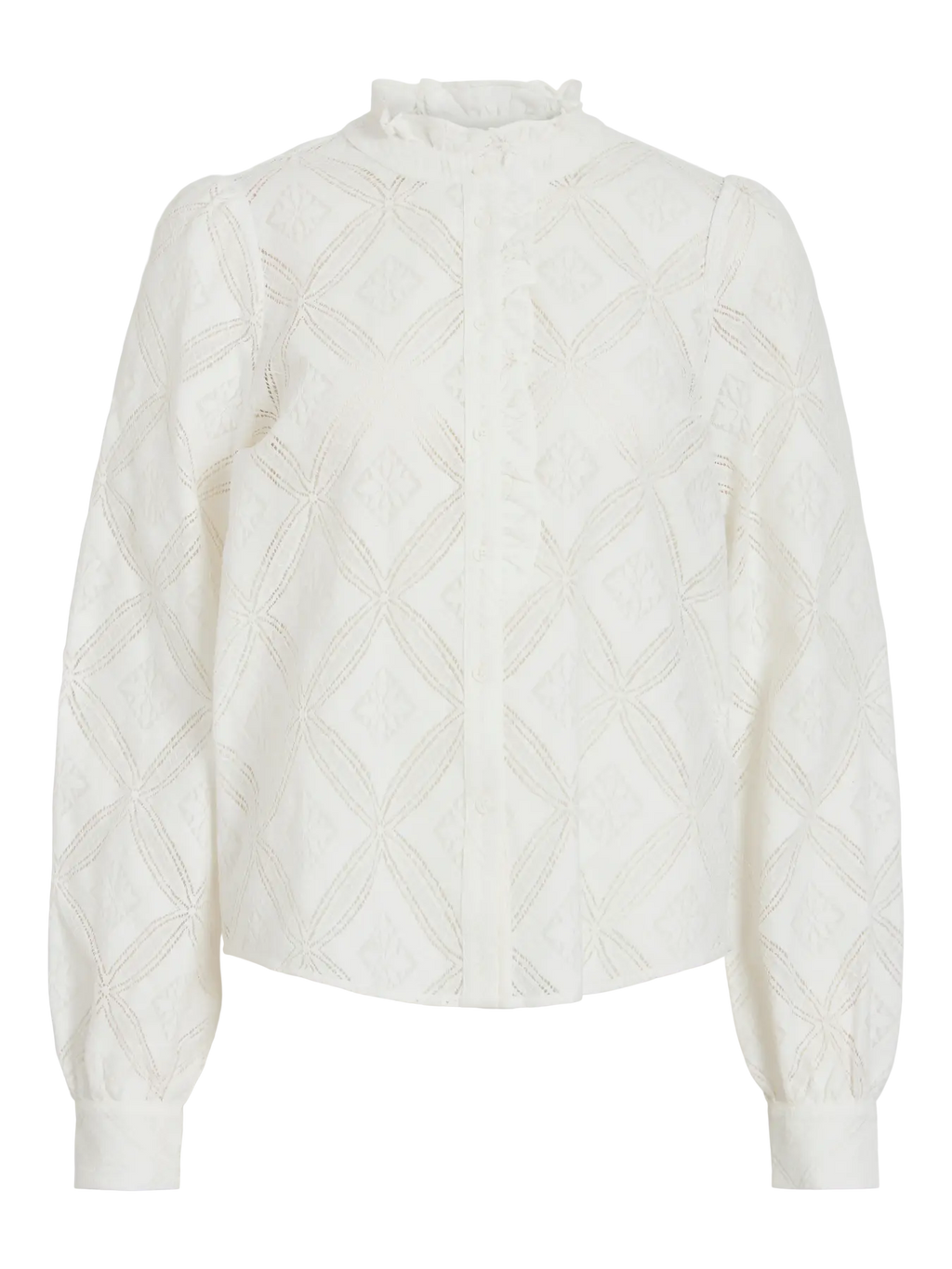 Camisa Rosana blanca de VILA con bordado calado geométrico y cuello de volante