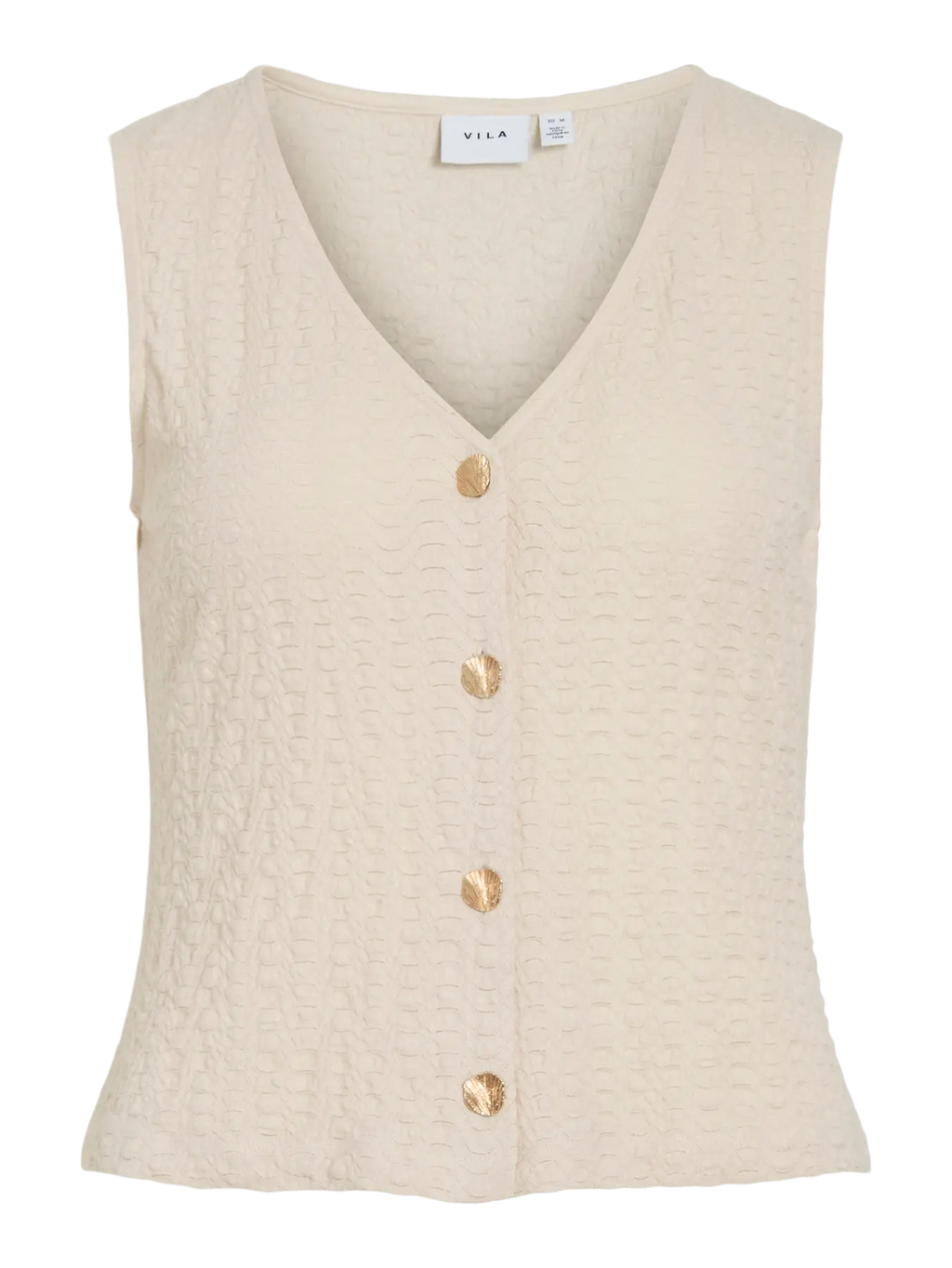 Top beige Vila sin mangas con cuello pico y botones dorados. Diseño elegante y versátil para looks diarios o de vestir.