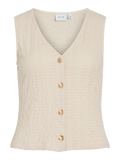 Top beige Vila sin mangas con cuello pico y botones dorados. Diseño elegante y versátil para looks diarios o de vestir.