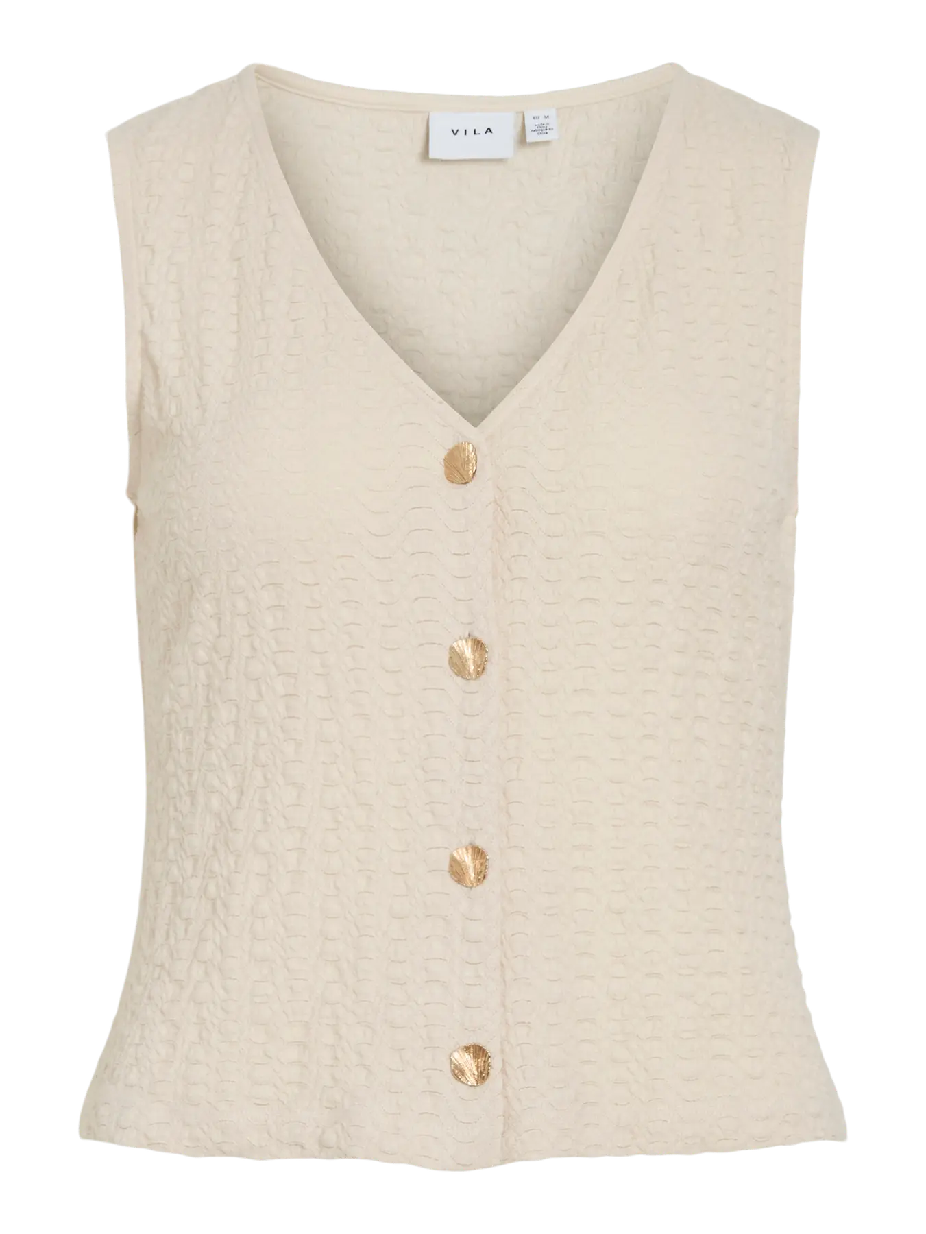 Top beige Vila sin mangas con cuello pico y botones dorados. Diseño elegante y versátil para looks diarios o de vestir.