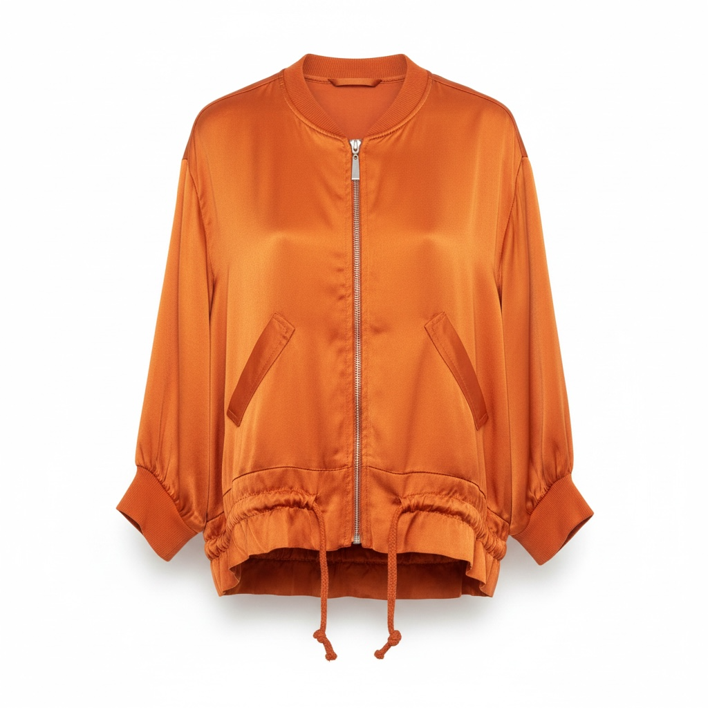Bomber Siena de raso con cremallera, cintura ajustable y bolsillos laterales, naranja
