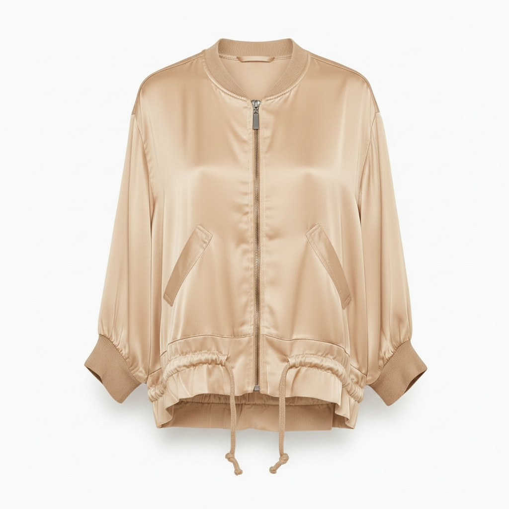 Bomber Siena de raso con cremallera, cintura ajustable y bolsillos laterales. beige