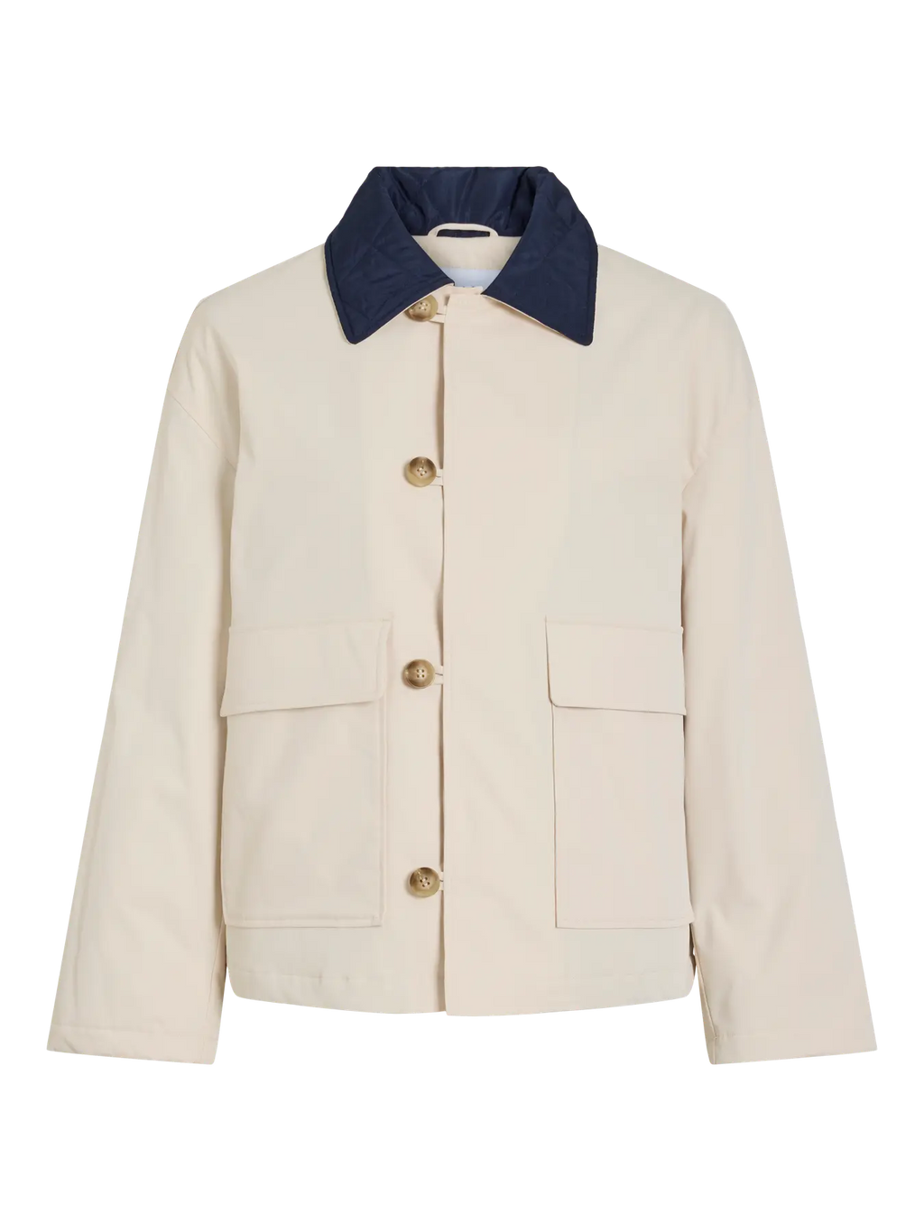 Chaqueta de campo beige para mujer con cuello camisero acolchado azul marino a contraste, cierre frontal de botones y bolsillos de parche con solapa