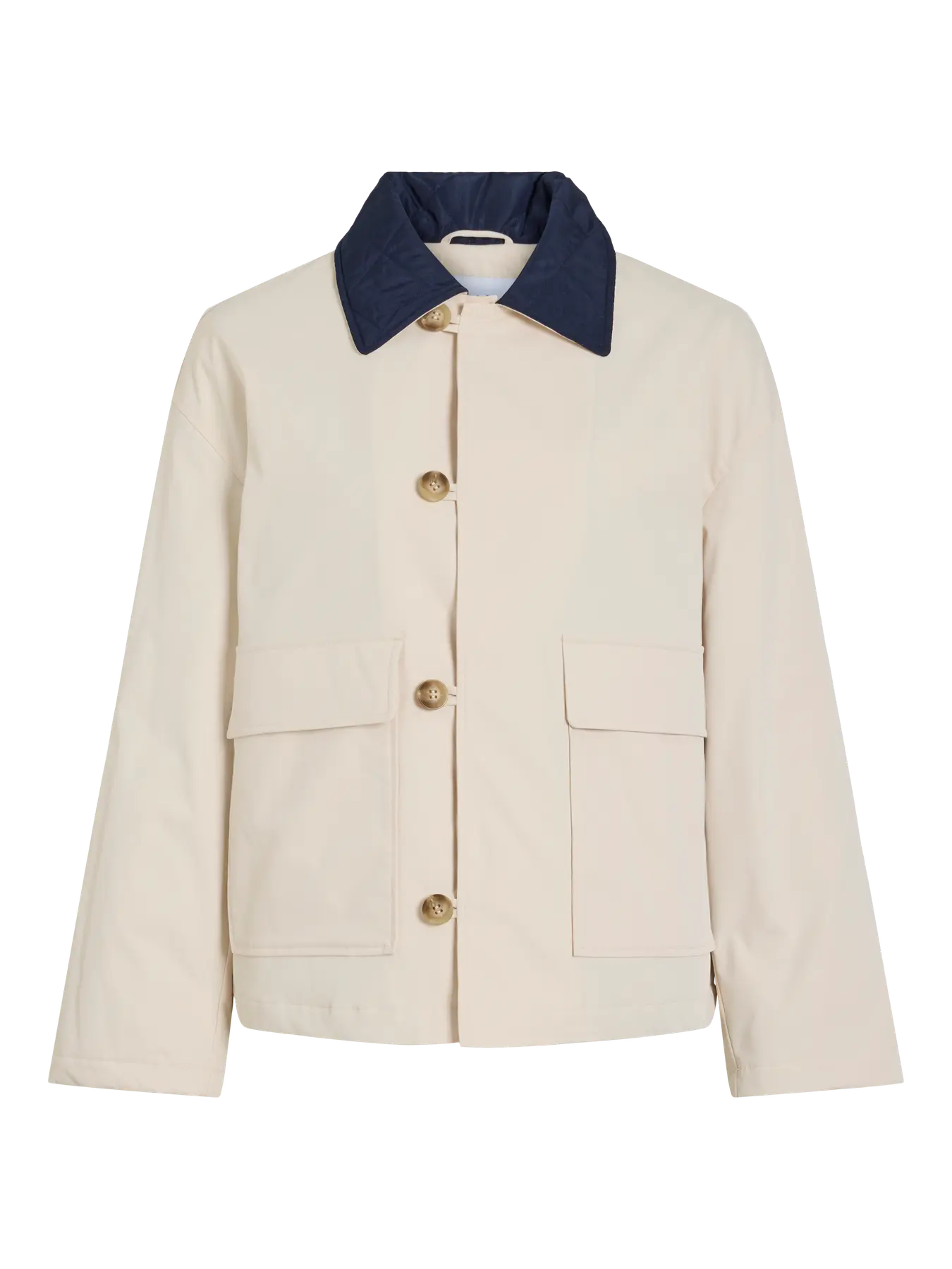 Chaqueta de campo beige para mujer con cuello camisero acolchado azul marino a contraste, cierre frontal de botones y bolsillos de parche con solapa