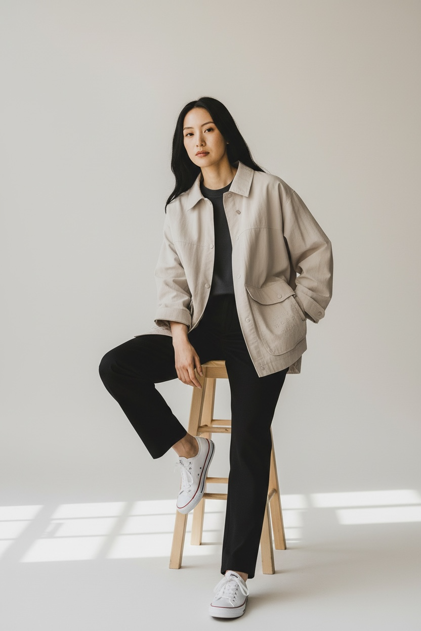 chaqueta oversize beige mujer estilo utilitario cotton grey