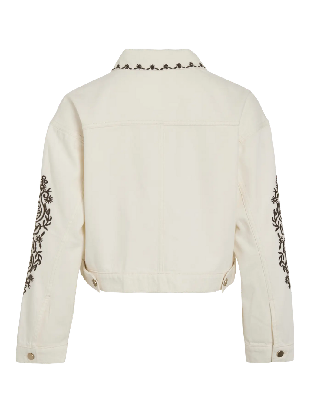 Vista trasera Cazadora vaquera beige con bordados florales en manga y cuello de vila en cotton grey