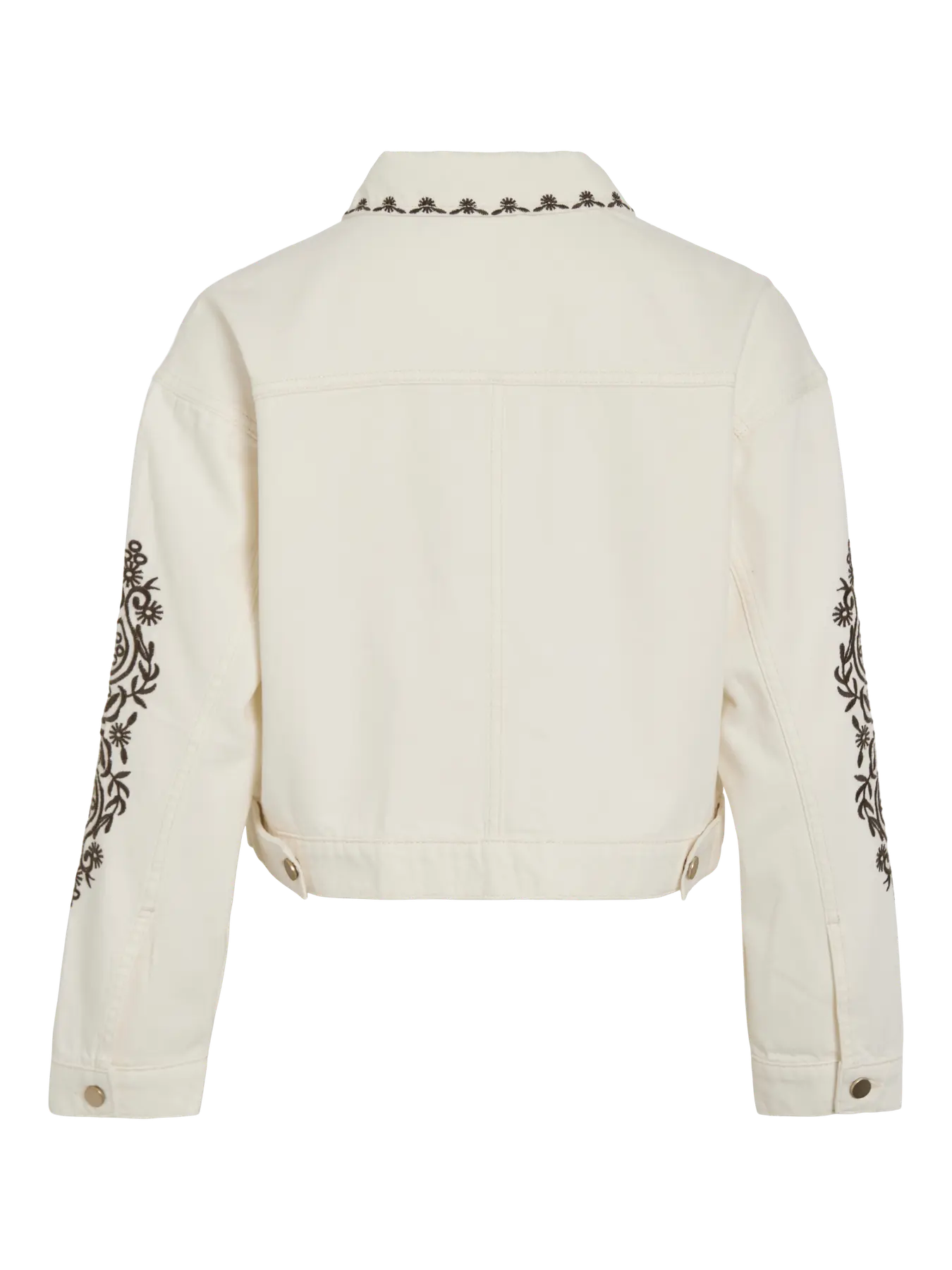 Vista trasera Cazadora vaquera beige con bordados florales en manga y cuello de vila en cotton grey