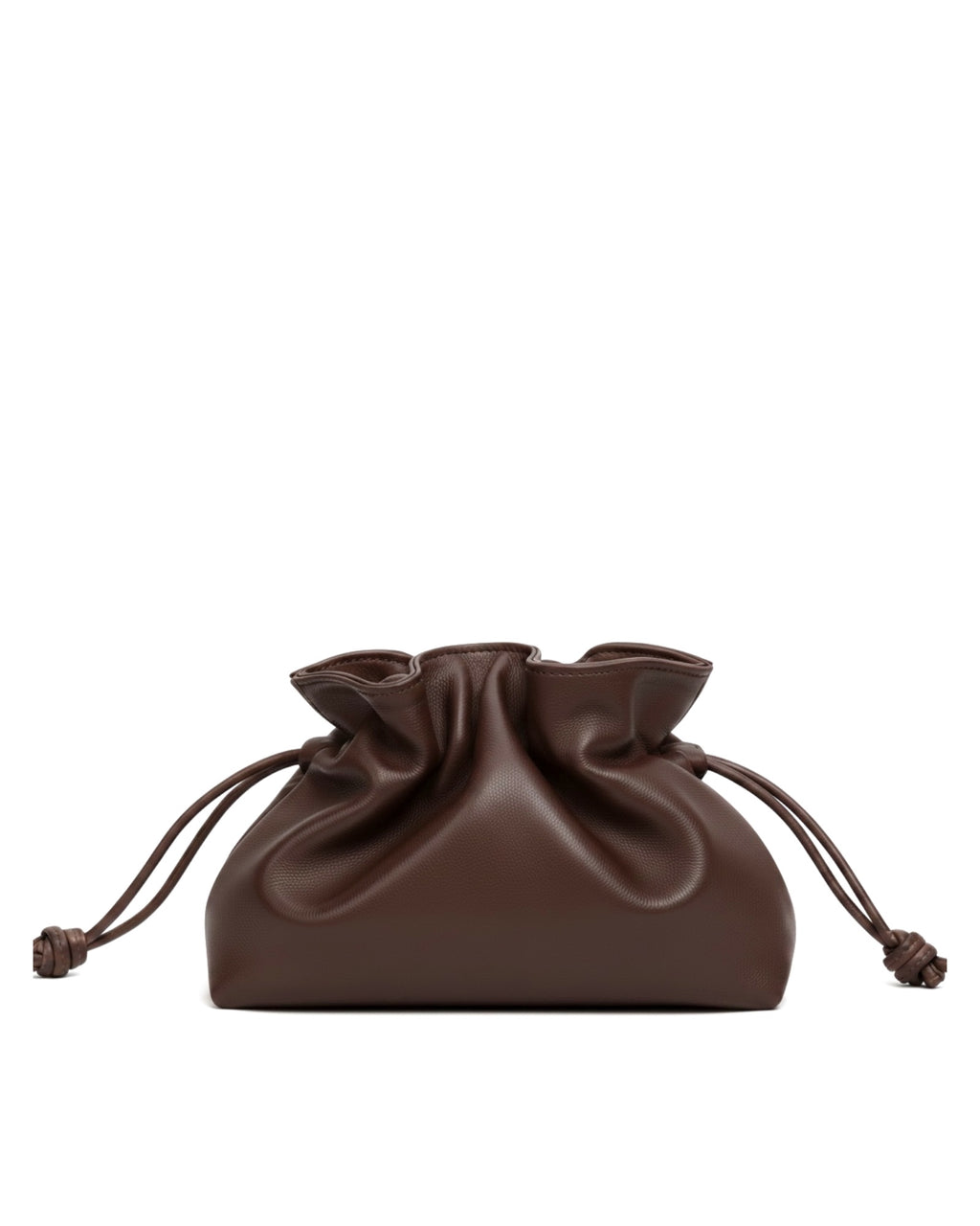 Bolso Aura de piel color marrón chocolate con cierre fruncido mediante cordones.