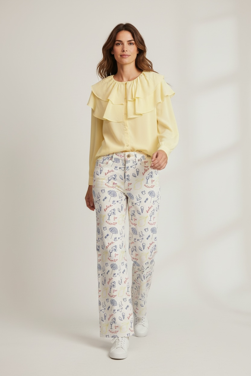 camisa amarilla pastel con volantes mujer nueva coleccion en cotton grey
