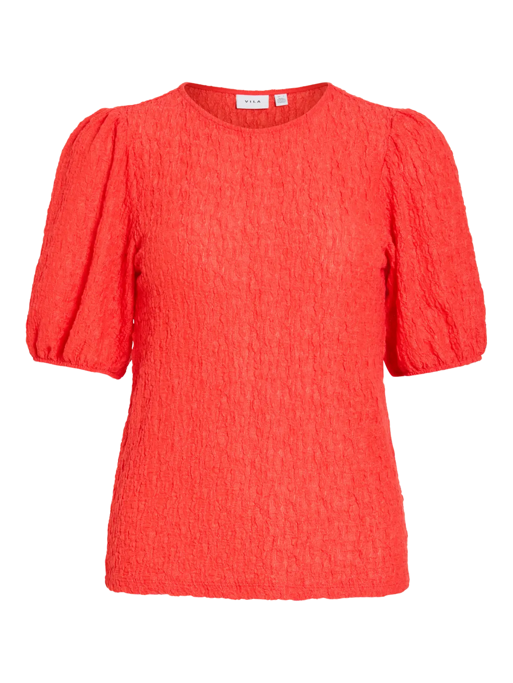 Camiseta Vila coral de manga corta abullonada con textura uniforme en todo el tejido y cuello redondo. Diseño limpio sin estampados, protagonista por su color vibrante y volumen en hombros.
