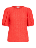 Camiseta Vila coral de manga corta abullonada con textura uniforme en todo el tejido y cuello redondo. Diseño limpio sin estampados, protagonista por su color vibrante y volumen en hombros.
