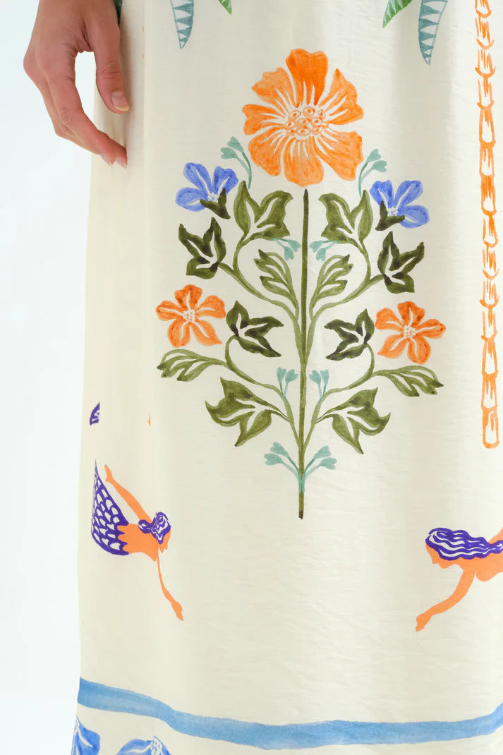 detalle estampado Falda fluida estampado palmeras y sirenas Cotton Grey Asturias