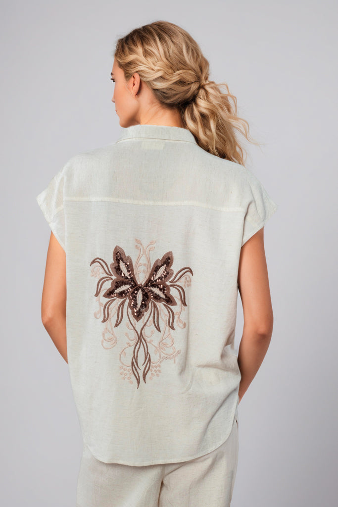 Camisa Kleopatra beige manga corta bordado espalda Goa Goa Cotton Grey Asturias