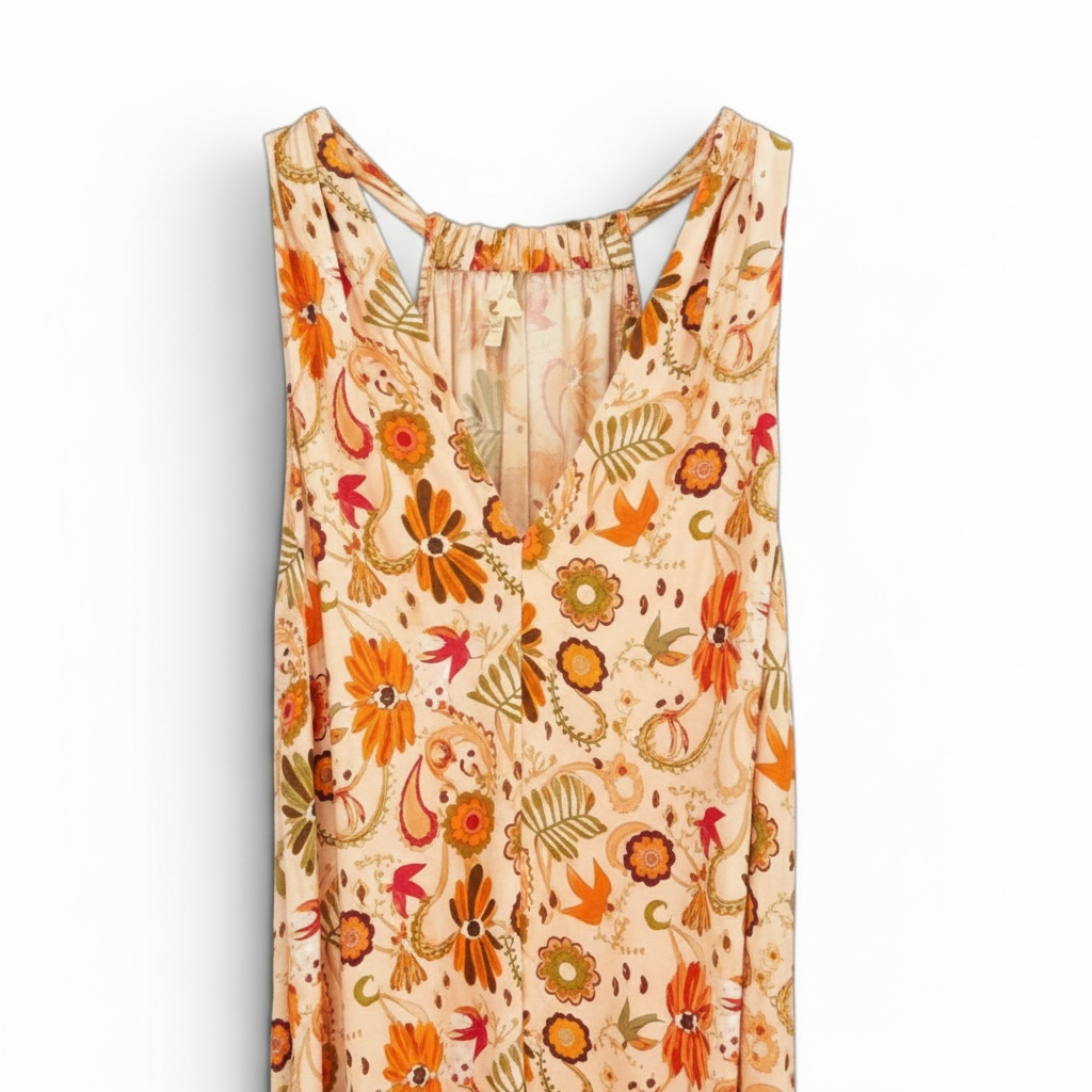 vestido largo estampado mujer, vestido boho verano, vestido floral Lola Espeleta, vestido largo sin mangas, vestido estampado tonos tierra, vestido bohemio mujer, vestido fluido verano, vestido Almara.