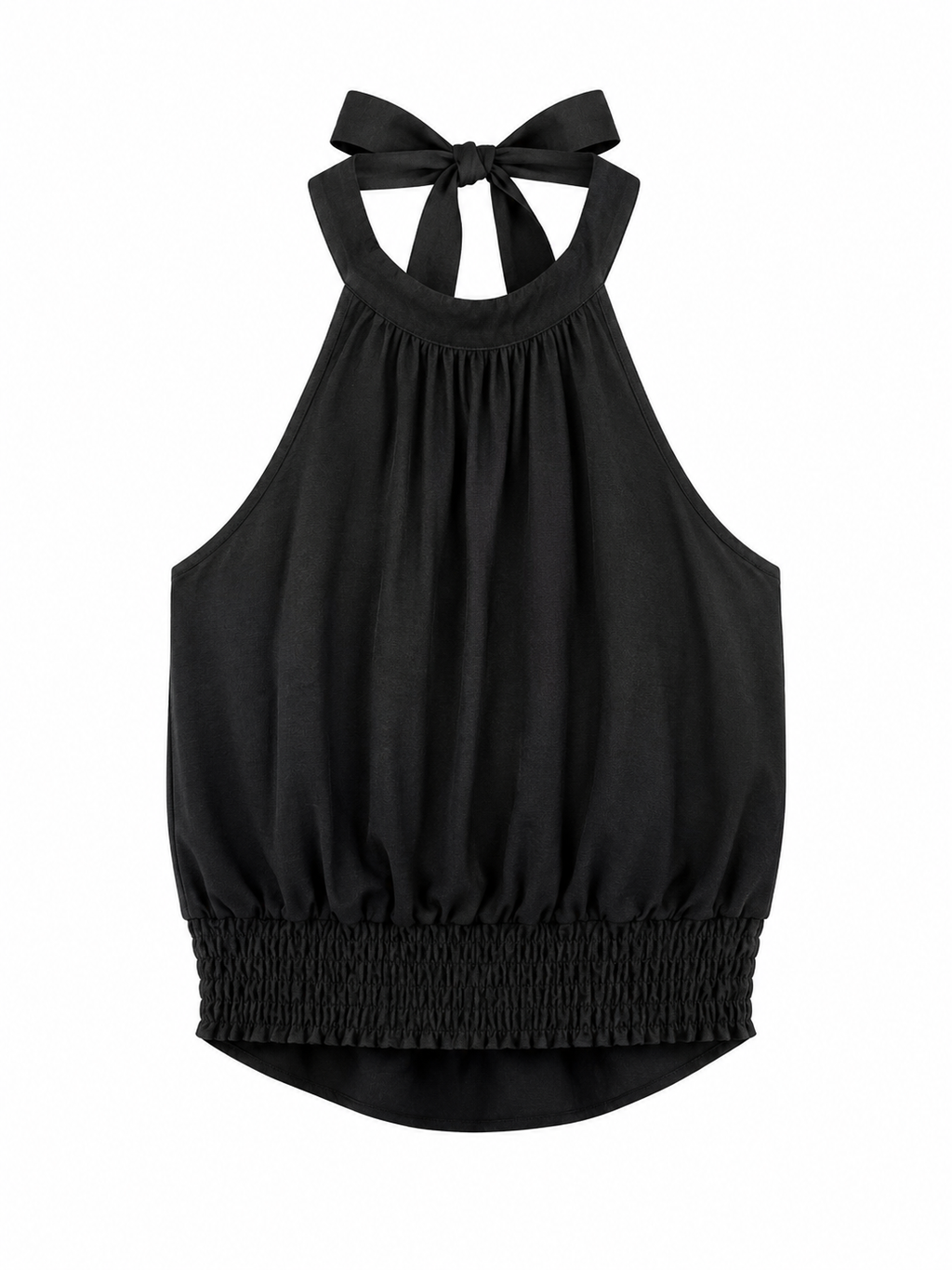 Top Chloe negro con escote halter y cintura elástica fruncida.