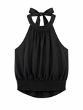 Top Chloe negro con escote halter y cintura elástica fruncida.