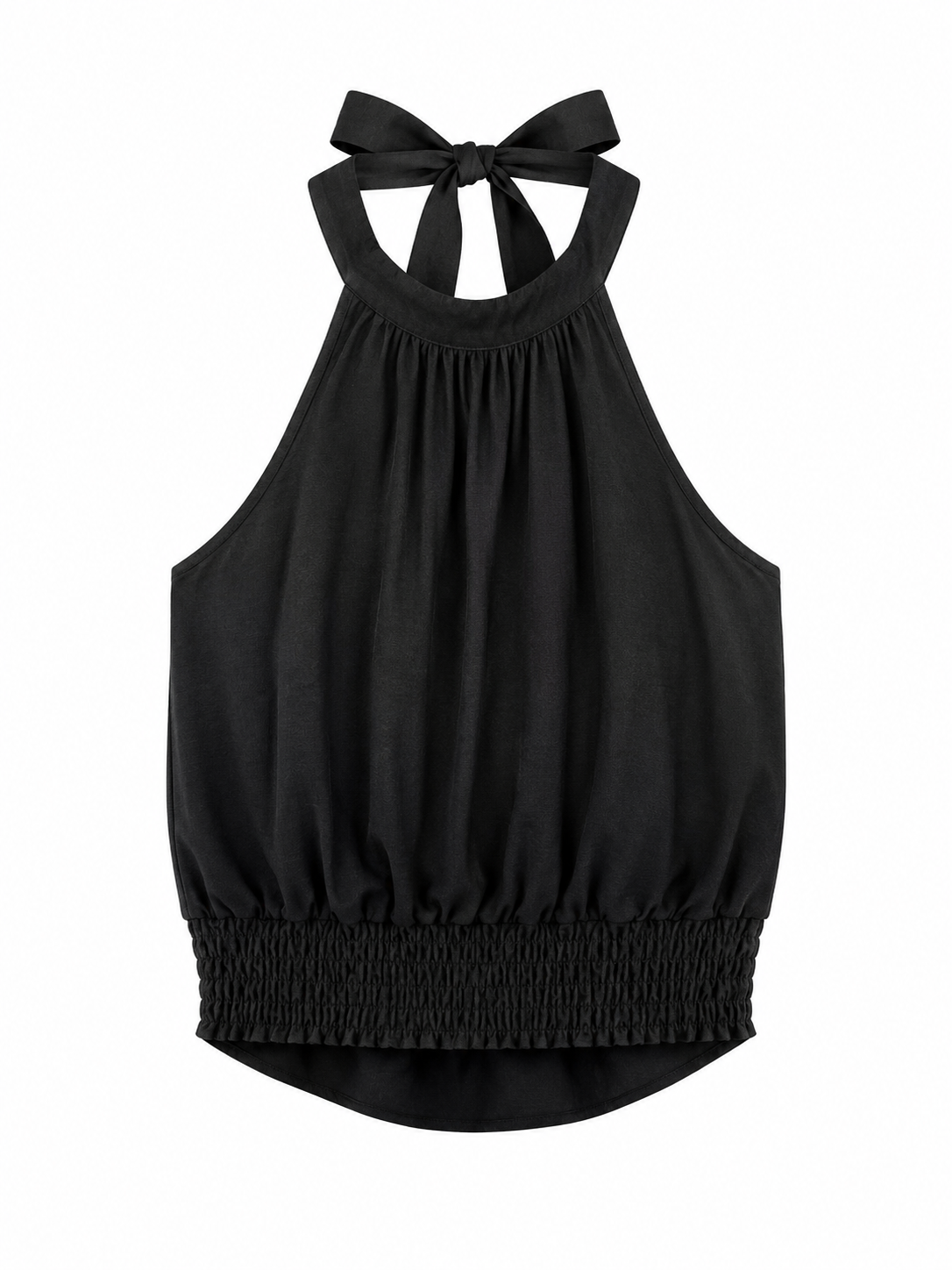 Top Chloe negro con escote halter y cintura elástica fruncida.