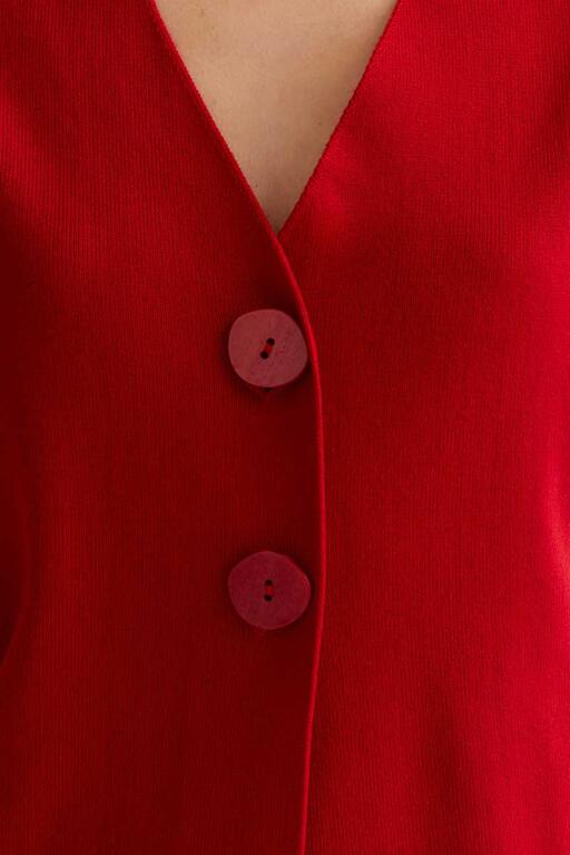 Detalle botones rojo chaqueta punto compañia fantastica