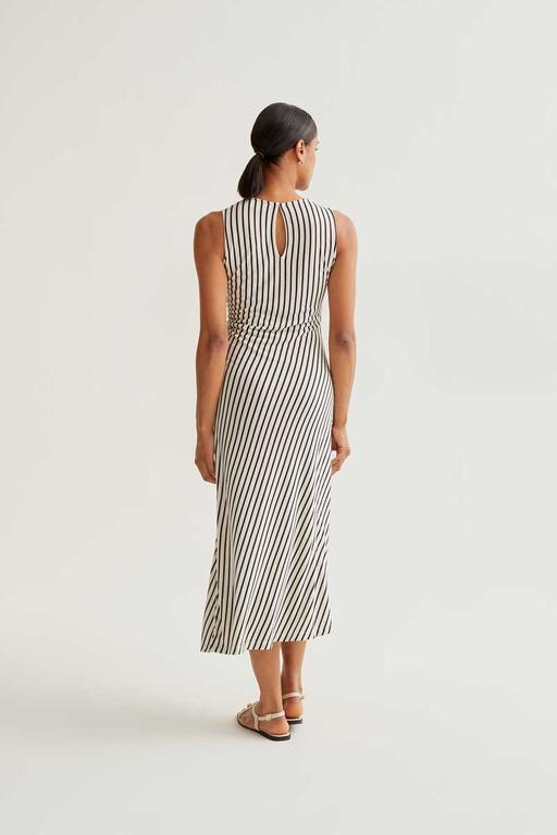 Vista trasera de vestido midi de rayas verticales con abertura en espalda de Compañía Fantástica en Cotton Grey