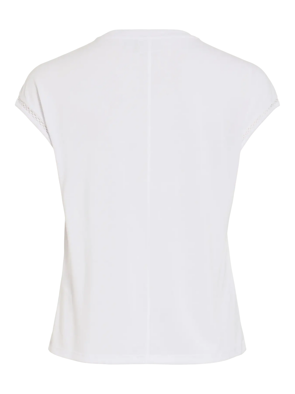 Vista trasera de camiseta Vila básica con manga caída y acabado calado en mangas. Espalda lisa y corte suelto que aporta comodidad y movimiento.