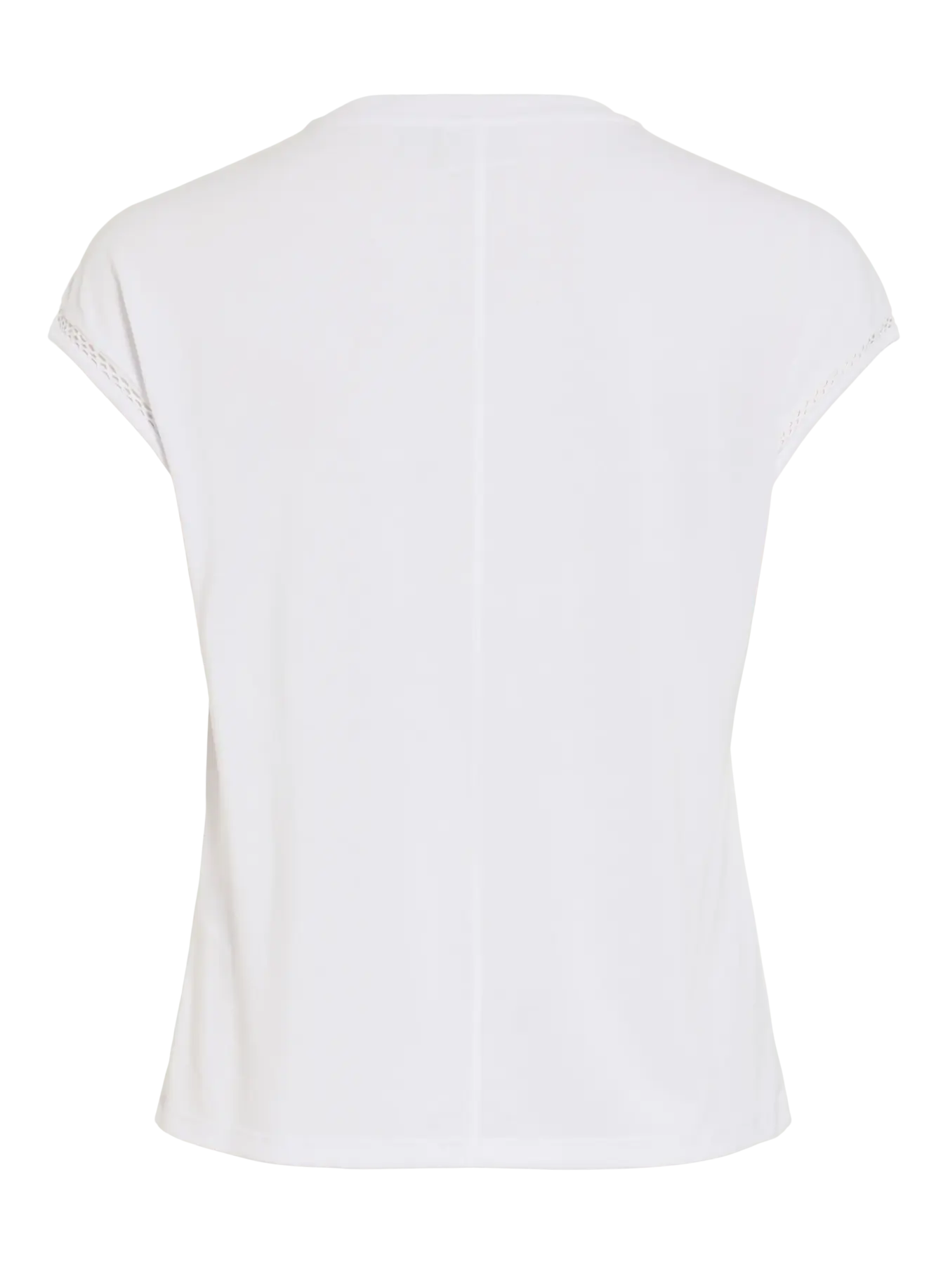Vista trasera de camiseta Vila básica con manga caída y acabado calado en mangas. Espalda lisa y corte suelto que aporta comodidad y movimiento.