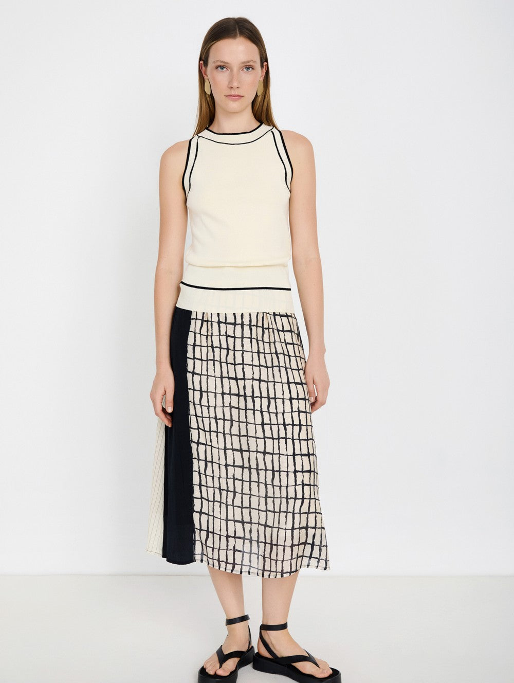 falda midi plisada paneles negro marfil Skatie